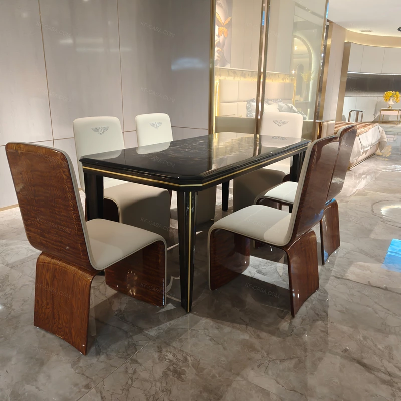Black Natural Wood Veneer Dining Table with Gold Stainless Steel Trim & Coordinated Dining Chairs